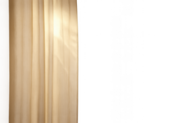 Beige sheer fabric curtain with soft sunlight and palm leaf shadow on transparent background