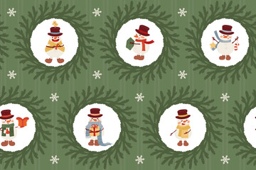 Snowmen and Christmas wreathes on a green background. Cute festive print. Vector seamless pattern for wrapping paper, New Year textile and fabric designes.