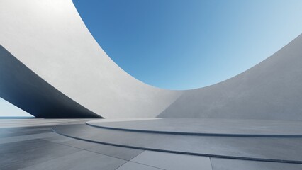 Abstract curved architecture background, Empty space with concrete floor, Futuristic modern building backdrop, 3d rendering