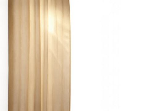 Beige sheer fabric curtain with soft sunlight and palm leaf shadow on transparent background