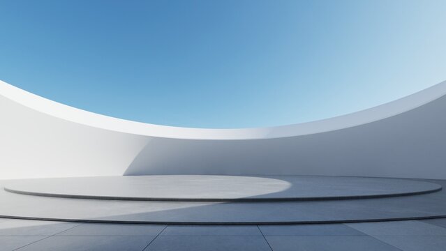 Abstract curved architecture background, Empty space with concrete floor, Futuristic modern building backdrop, 3d rendering