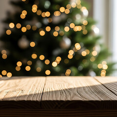 Bleached wood table top for your product presentation on deeply blurred Christmas fir tree lights interior background, Winter Holiday. Christmas & New Year Décor