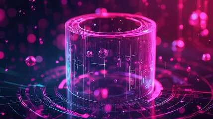 Abstract digital cylinder generating glowing data particles