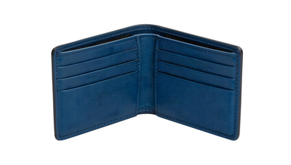 Blue leather bifold wallet with multiple card slots on the transparent background, minimalist modern accessory for everyday use