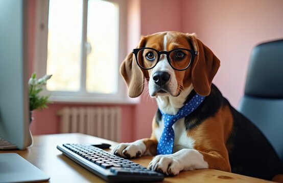 Beagle dog wears glasses and tie, sits at desk typing on computer keyboard. Cute animal in office setting, working remotely like a smart office worker.