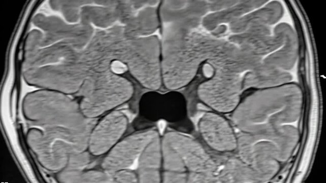 Detailed coronal brain MRI scan showcases the brain's anatomy with contrasting gray and white matter and darker fluid filled spaces, a neuroimaging diagnostic tool.