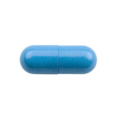Single blue capsule pill isolated on the transparent background for medicine, pharmaceutical, healthcare, supplement, and treatment concepts