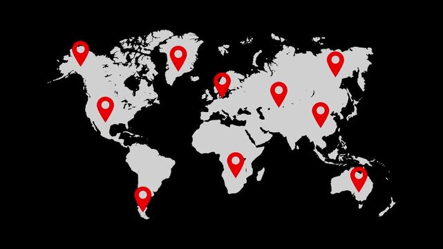 A world map with red location pins marking different locations