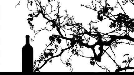 Naklejka premium Silhouette of Vineyard Branch With Wine Bottle in Foreground Against White Background During Daytime