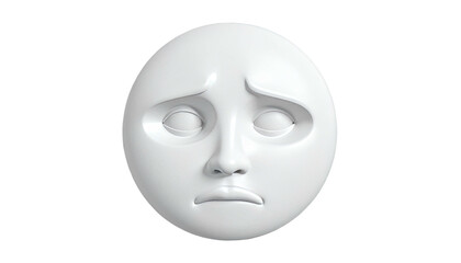 Sad white sphere with human-like facial features on black ground