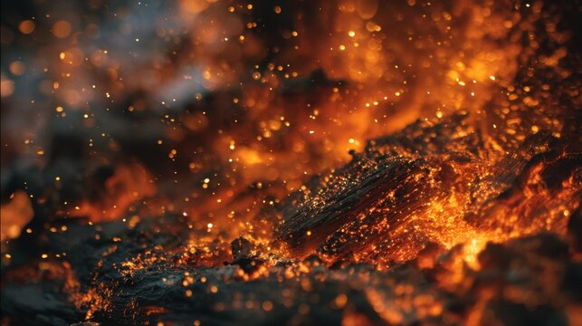 Glowing embers and sparks dance over a bed of smoldering ashes in a vibrant display of fire's raw energy during the night