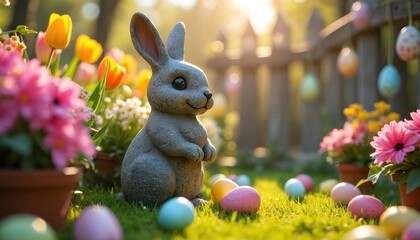 Easter bunny statue in sunny garden with colorful painted eggs on green grass. Festive spring holiday scene with blooming flowers like tulips, daisies. Traditional decoration for family celebration,