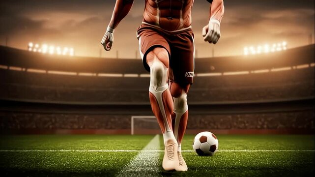 Player kicks ball energetically, competitor sprints passionately across shining field at sunset, male athlete in dark uniform moves rapidly towards goal amid cheering crowd and bright evening skies - Powered by Adobe