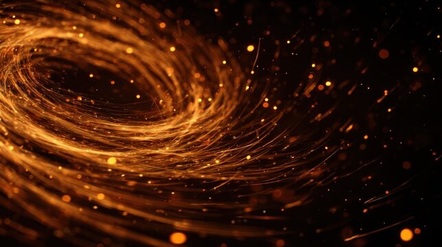 Swirling patterns of golden particles create a mesmerizing effect in a dark background during night