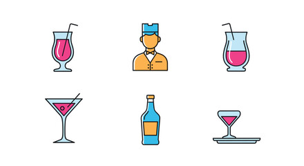 A collection of flat design icons representing cocktails alcoholic beverages and a bartender.