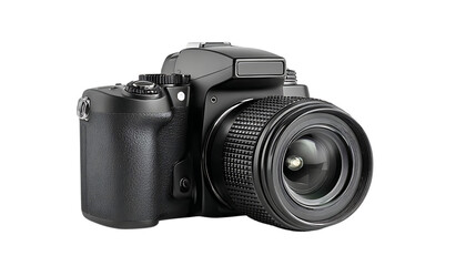Professional black digital camera isolated on transparent background for photography
