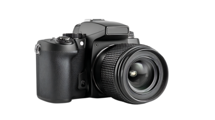 Professional black digital camera isolated on transparent background for photography