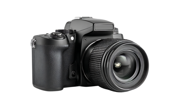Professional black digital camera isolated on transparent background for photography