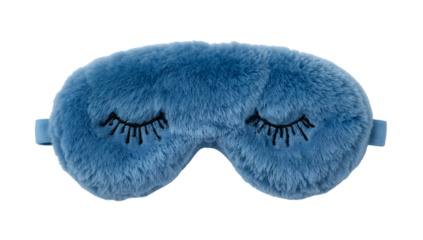 Plush blue sleep mask with embroidered eyelashes for comfort and relaxation, soft fluffy eye cover for restful sleep and light blocking