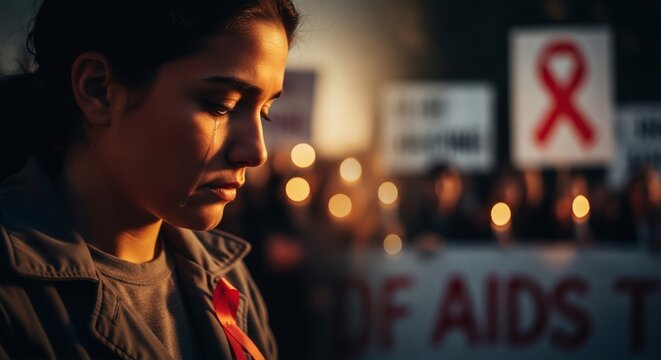 A woman with a red ribbon pinned to her jacket, looking down with a somber expression during a candlelight vigil for AIDS awareness.