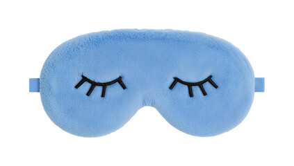 Soft blue plush sleep mask with cute closed eyes embroidery for comfort and relaxation isolated on the transparent background