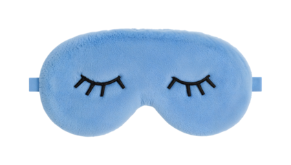 Soft blue plush sleep mask with cute closed eyes embroidery for comfort and relaxation isolated on the transparent background