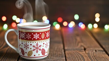 A steaming hot cup of coffee in a festive Christmas mug. Cozy winter holiday scene with colorful bokeh lights in the background. Warm beverage concept with copy space - Powered by Adobe