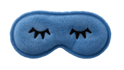 Soft blue sleep mask with closed eyes embroidery for comfort and relaxation on the transparent background