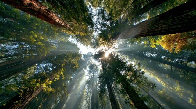 Majestic redwood forest with sunlight filtering through the trees during early morning hours near the coast