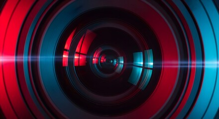 Abstract concentric circles in red and blue hues, creating a dynamic, futuristic, and technological visual effect with a central dark core.