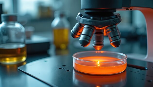 Microscope examines orange liquid in petri dish. Lab equipment in background. Scientific research, cell analysis, medical discovery, biotech innovation. Test tube with yellow fluid nearby.