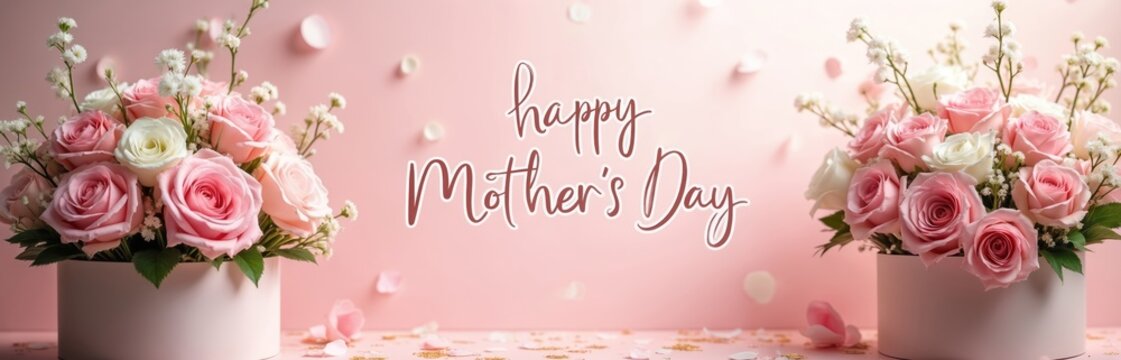 Soft pink roses in a round hat box with delicate baby breath and greenery. Text reads Happy Mothers Day creating a lovely gift banner for special occasions, celebrations or retail. - Powered by Adobe
