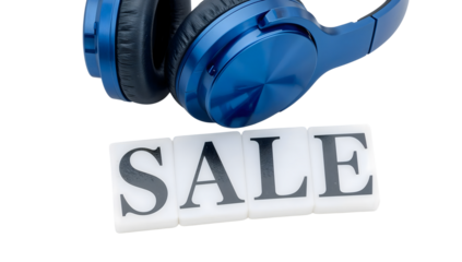 Blue wireless headphones with sale sign isolated on the transparent background for electronics discount promotion