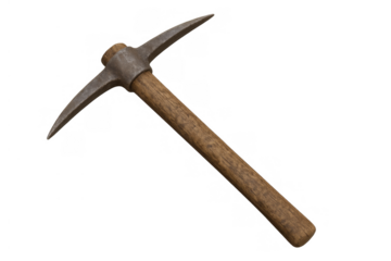 Pickaxe with wooden handle and metal head, representing mining, excavation, and hard work on a transparent background