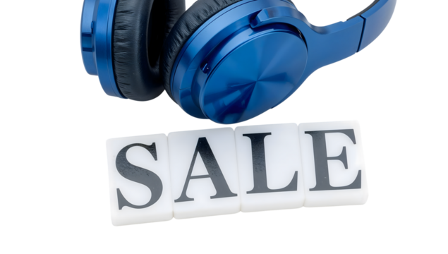 Blue wireless headphones with sale sign isolated on the transparent background for electronics discount promotion