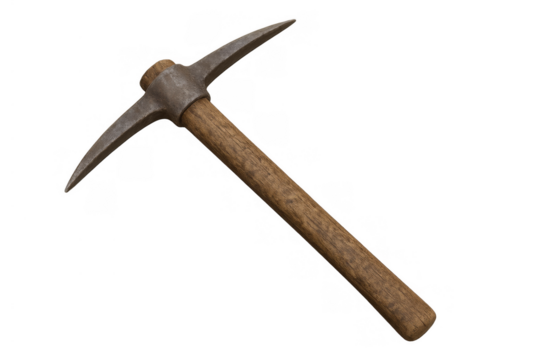 Pickaxe with wooden handle and metal head, representing mining, excavation, and hard work on a transparent background