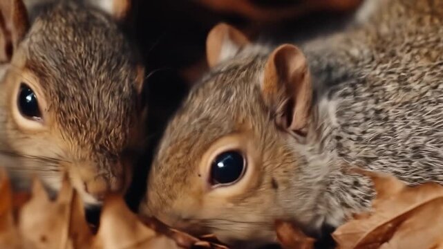 Close up of two squirrels amidst fall foliage with warm lighting