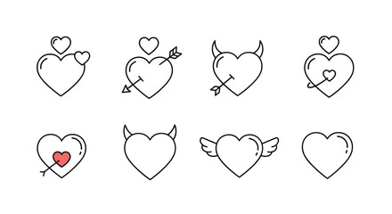 A collection of hand-drawn heart illustrations symbolizing love and affection with various playful elements.