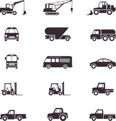 Black silhouette vehicle icon set featuring construction machines, trucks, vans, buses, forklifts, cars, transportation symbols, industrial minimal design graphic collection