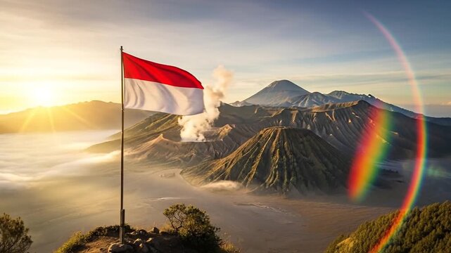 Majestic mount bromo panorama with the indonesian flag amidst sunrise glory
