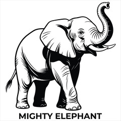 Black and white illustration of a walking elephant with trunk raised