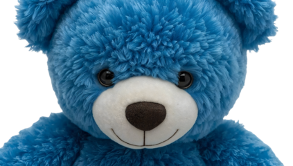 Closeup portrait of soft blue teddy bear with fluffy fur and cute smile isolated on the transparent background