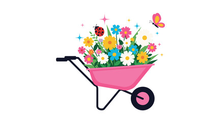 A vibrant pink wheelbarrow filled with colorful spring and summer flowers, a charming ladybug, a fluttering butterfly, and sparkling accents.