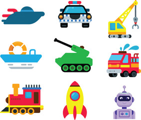 Cartoon transportation vehicle illustration set featuring boat, police car, crane, tank, fire truck, train, rocket, robot, colorful kids icons
