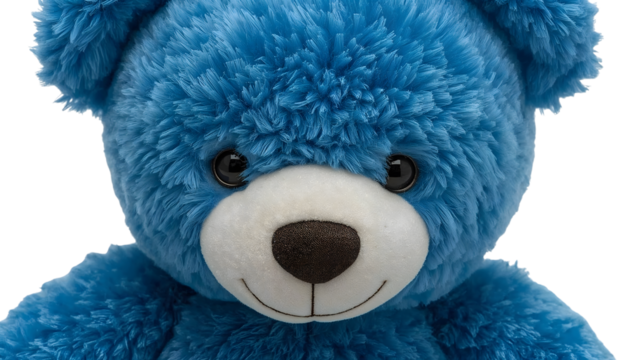 Closeup portrait of soft blue teddy bear with fluffy fur and cute smile isolated on the transparent background