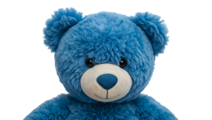 Blue teddy bear plush toy close up on the transparent background, soft stuffed animal for kids, adorable cuddly gift idea, childhood comfort trend
