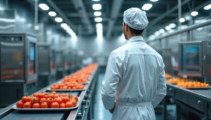 Employee oversees tomato processing on conveyor belt. Modern food industry scene with automated machinery, worker in uniform. Concept production line, hygiene standards, food safety, quality