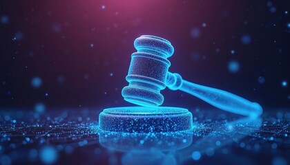 Digital blue gavel rests on glowing data circuits. Symbolizes AI in legal decisions, futuristic courtroom tech, and cyber law judgement. Represents digital authority and abstract online order.