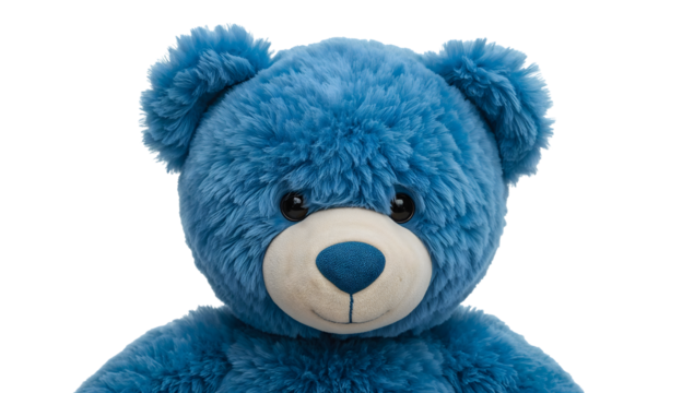 Blue teddy bear plush toy close up on the transparent background, soft stuffed animal for kids, adorable cuddly gift idea, childhood comfort trend