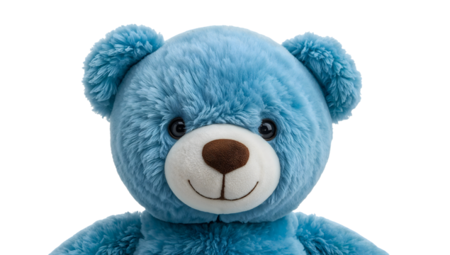 Cute blue teddy bear plush toy closeup isolated on the transparent background, soft furry stuffed animal for kids, gentle smile, adorable childrens gift trend